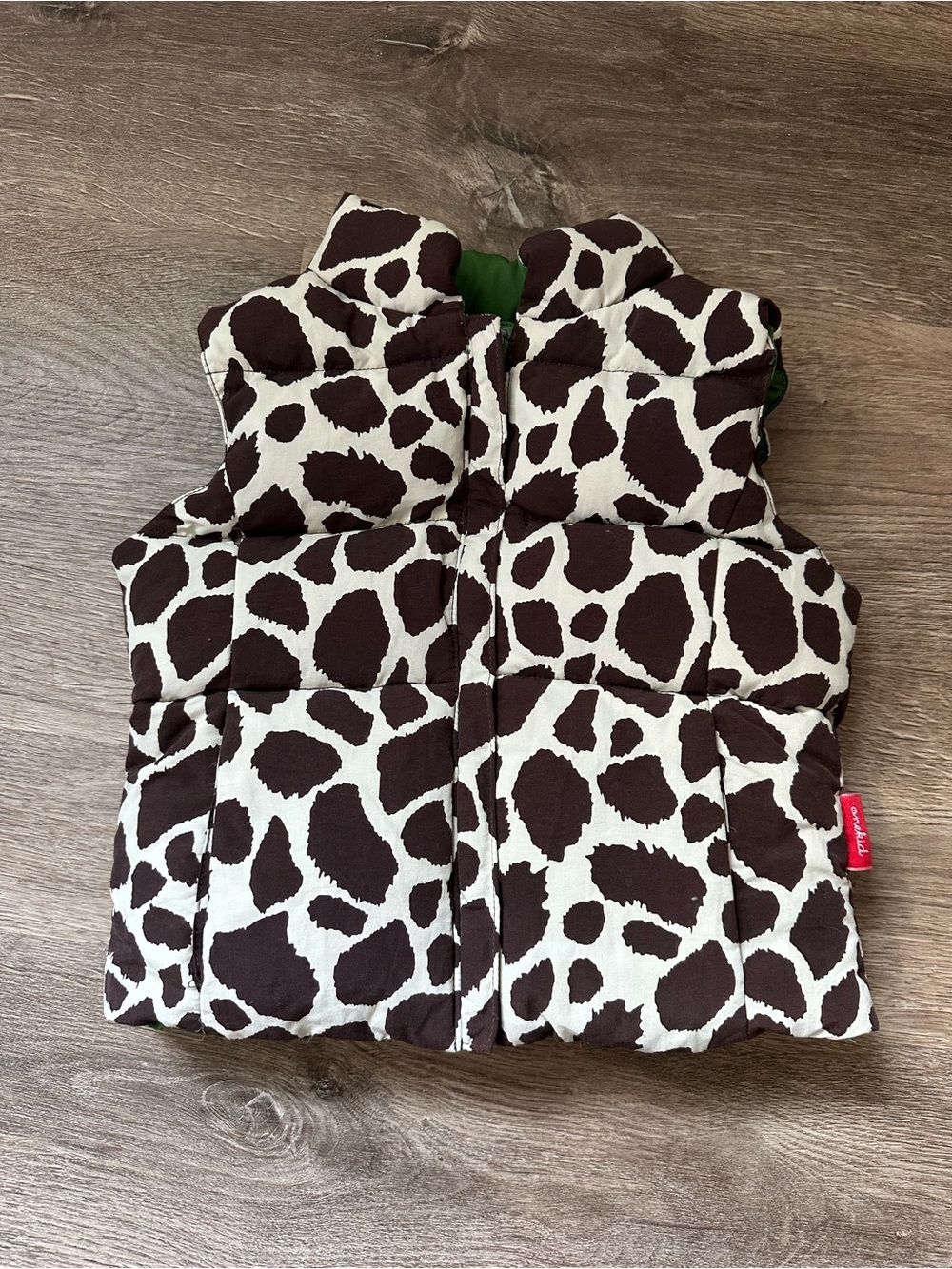 One Kid Reversible Giraffe or Green Print Puffer Vest - Brown & Cream